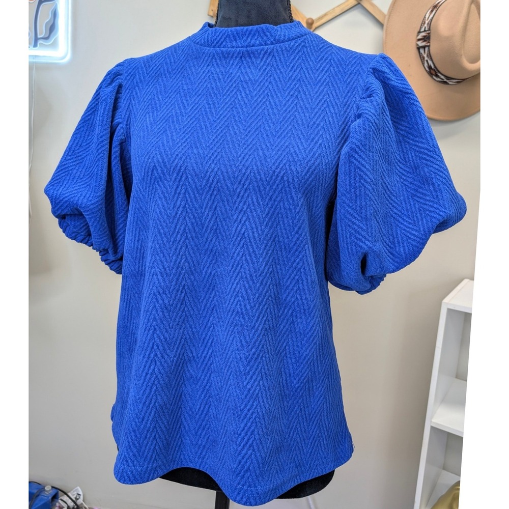THML Cobalt Blue Textured Herringbone Puff Sleeve Mock Neck Top – Size S
